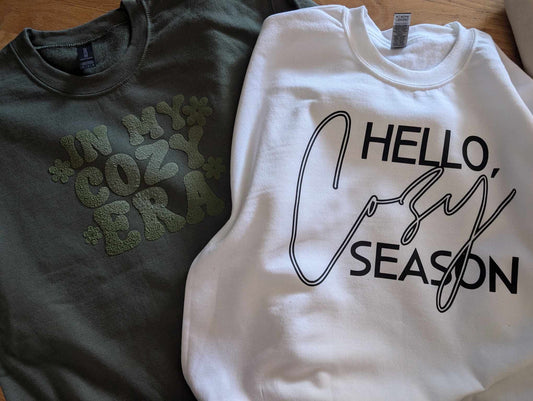 "In My Cozy Era" and "Hello Cozy Season" Crewneck Sweatshirts